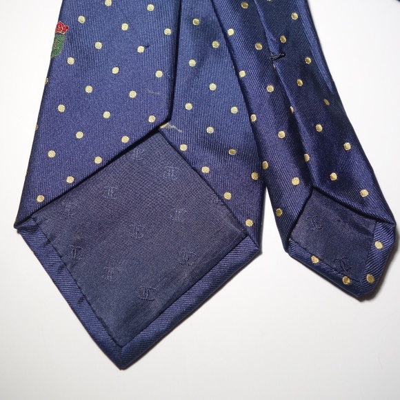 Vintage Chanel Paris Navy Blue & Yellow Polka Dot Silk Tie w/ Green Chanel Crest - Picture 3 of 6